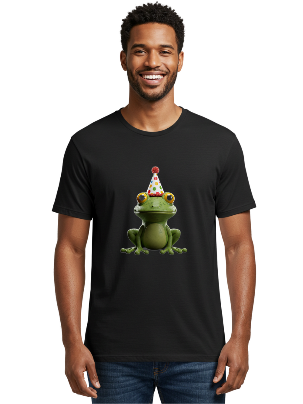 Frog-In-Party-Hat Men'S Graphic Tee, 100% Cotton, Comfortable Casual Summer Wear, Machine Washable, Funny Frog, Party Hat, Celebration, Colorful Eyes, Festive Atmosphere, Cute Amphibian, Playful Vibe, Joyful Moments, Cartoon Character, Bab924