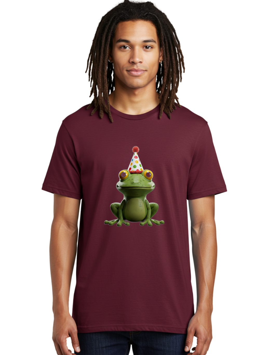 Frog-In-Party-Hat Men'S Graphic Tee, 100% Cotton, Comfortable Casual Summer Wear, Machine Washable, Funny Frog, Party Hat, Celebration, Colorful Eyes, Festive Atmosphere, Cute Amphibian, Playful Vibe, Joyful Moments, Cartoon Character, Bab924