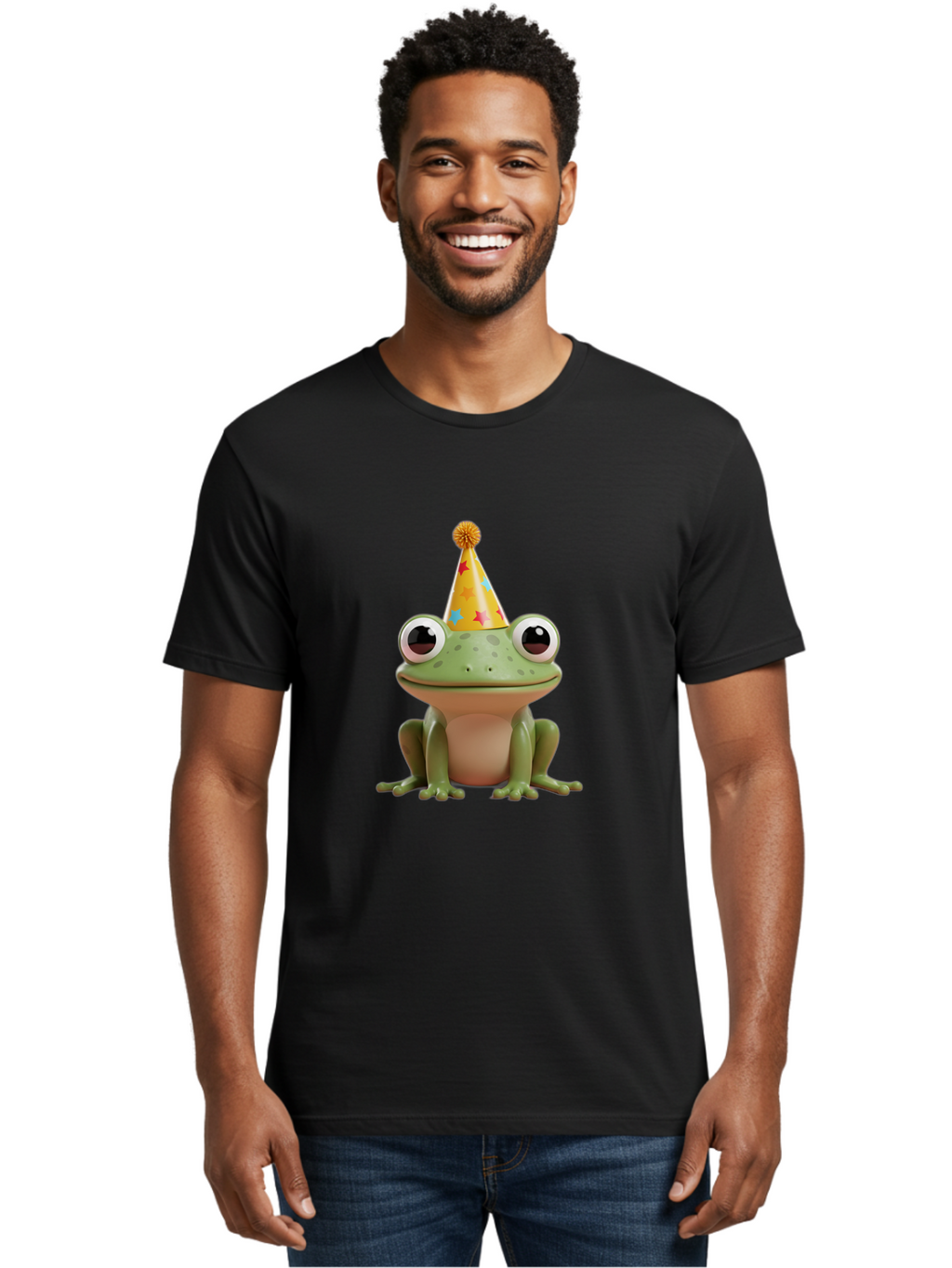 Frog-Party-Hat Men'S Graphic Tee, 100% Cotton, Comfortable Casual Summer Wear, Machine Washable, Green Frog, Party Hat, Festive Celebration, Cartoon Character, Cute Animal, Funny Illustration, Birthday Party, Holiday Fun, Joyful Atmosphere Bab926