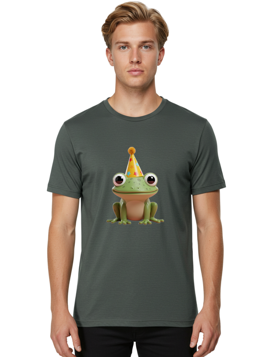 Frog-Party-Hat Men'S Graphic Tee, 100% Cotton, Comfortable Casual Summer Wear, Machine Washable, Green Frog, Party Hat, Festive Celebration, Cartoon Character, Cute Animal, Funny Illustration, Birthday Party, Holiday Fun, Joyful Atmosphere Bab926