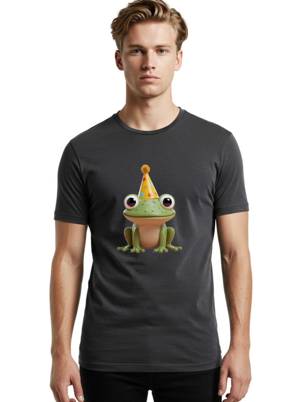 Frog-Party-Hat Men'S Graphic Tee, 100% Cotton, Comfortable Casual Summer Wear, Machine Washable, Green Frog, Party Hat, Festive Celebration, Cartoon Character, Cute Animal, Funny Illustration, Birthday Party, Holiday Fun, Joyful Atmosphere Bab926