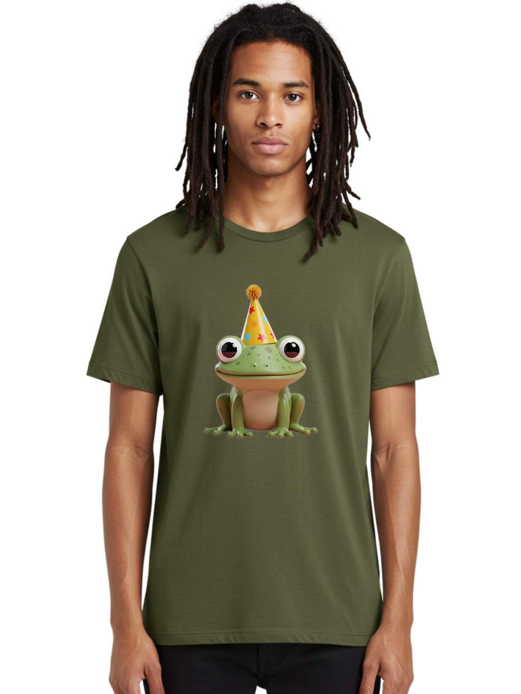 Frog-Party-Hat Men'S Graphic Tee, 100% Cotton, Comfortable Casual Summer Wear, Machine Washable, Green Frog, Party Hat, Festive Celebration, Cartoon Character, Cute Animal, Funny Illustration, Birthday Party, Holiday Fun, Joyful Atmosphere Bab926