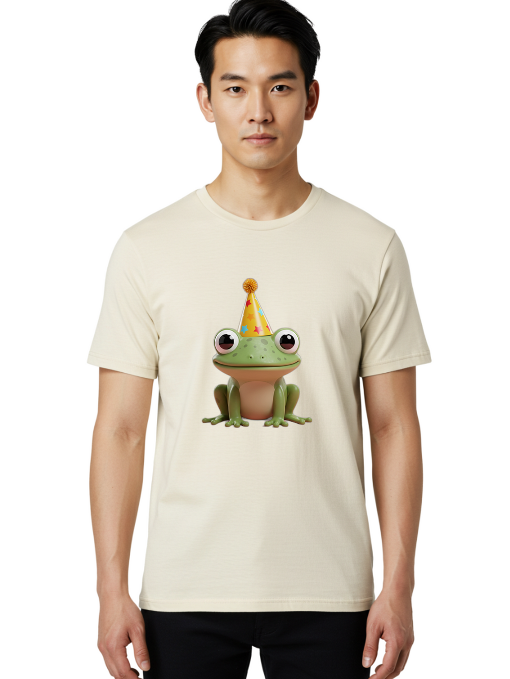 Frog-Party-Hat Men'S Graphic Tee, 100% Cotton, Comfortable Casual Summer Wear, Machine Washable, Green Frog, Party Hat, Festive Celebration, Cartoon Character, Cute Animal, Funny Illustration, Birthday Party, Holiday Fun, Joyful Atmosphere Bab926