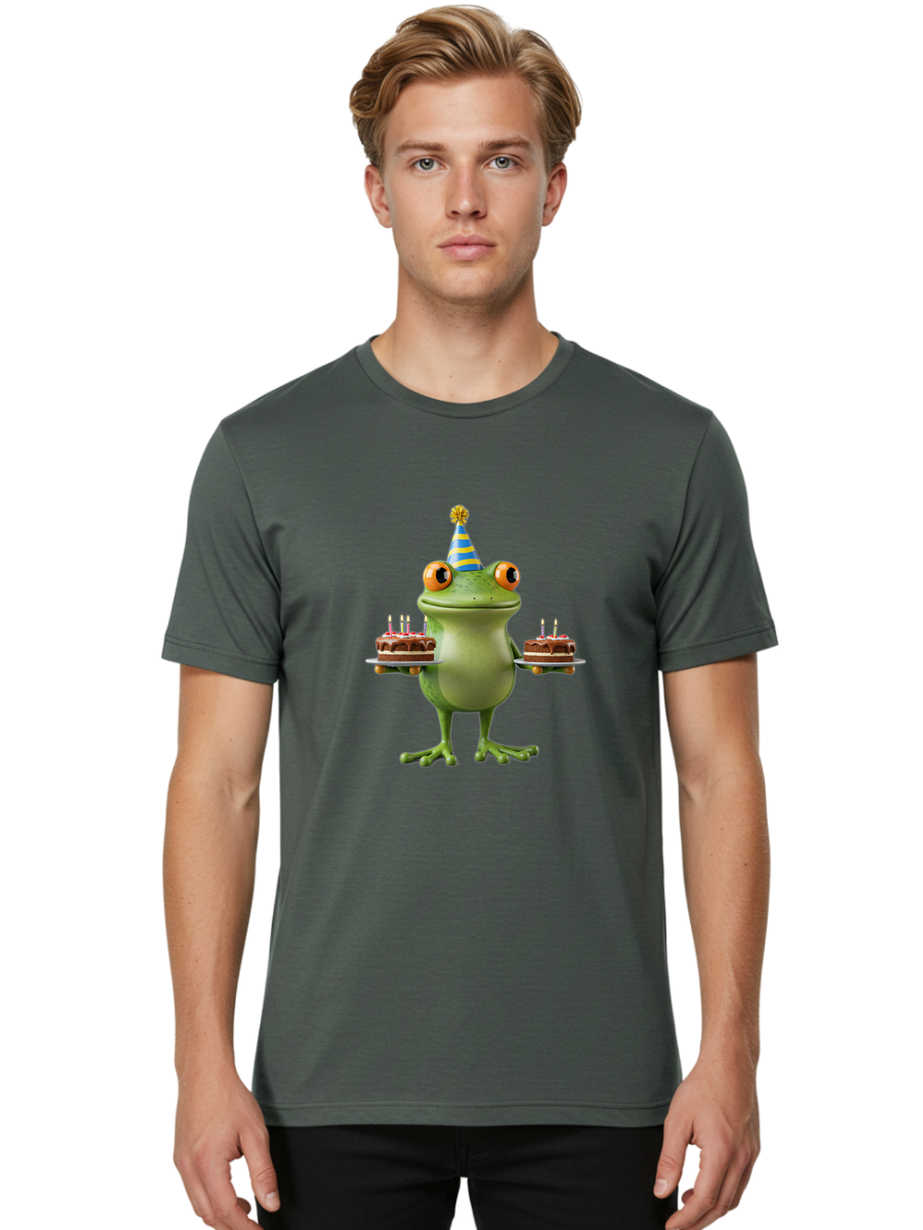 Frog-With-Birthday-Cakes Men'S Graphic Tee, 100% Cotton, Comfortable Casual Summer Wear, Machine Washable, Cartoon Frog, Birthday Celebration, Party Hat, Chocolate Cakes, Lit Candles, Festive Atmosphere, Funny Character, Cartoonish Eyes Bab927