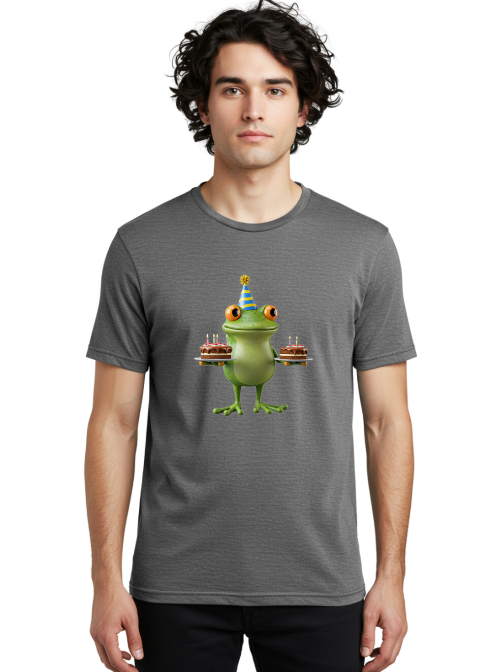 Frog-With-Birthday-Cakes Men'S Graphic Tee, 100% Cotton, Comfortable Casual Summer Wear, Machine Washable, Cartoon Frog, Birthday Celebration, Party Hat, Chocolate Cakes, Lit Candles, Festive Atmosphere, Funny Character, Cartoonish Eyes Bab927