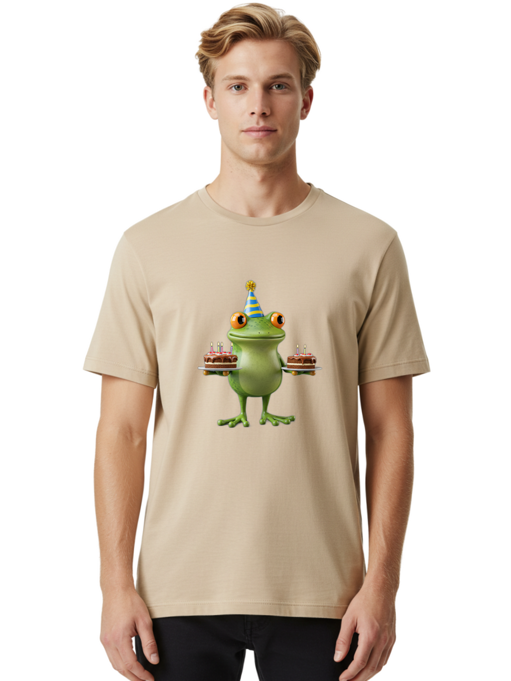 Frog-With-Birthday-Cakes Men'S Graphic Tee, 100% Cotton, Comfortable Casual Summer Wear, Machine Washable, Cartoon Frog, Birthday Celebration, Party Hat, Chocolate Cakes, Lit Candles, Festive Atmosphere, Funny Character, Cartoonish Eyes Bab927
