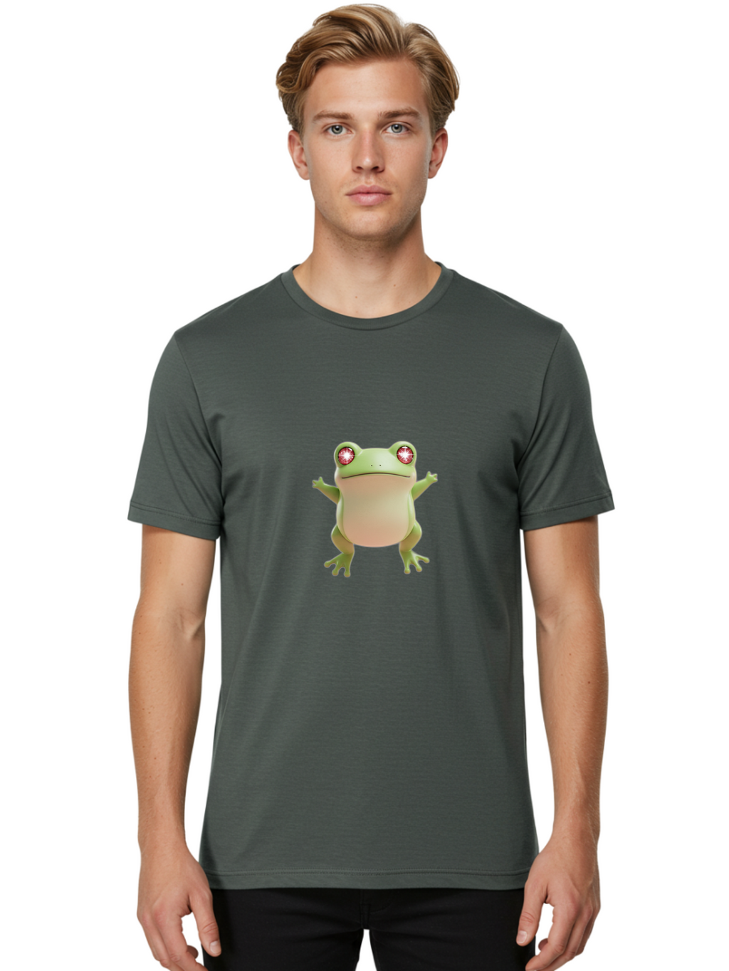 Frog-With-Glowing-Eyes Men'S Graphic Tee, 100% Cotton, Comfortable Casual Summer Wear, Machine Washable, Cartoon Frog, Green Frog, Glowing Red Eyes, 3D Rendering, Cute Amphibian, Vibrant Graphics, Playful Animation, Fun Character Design Bab928