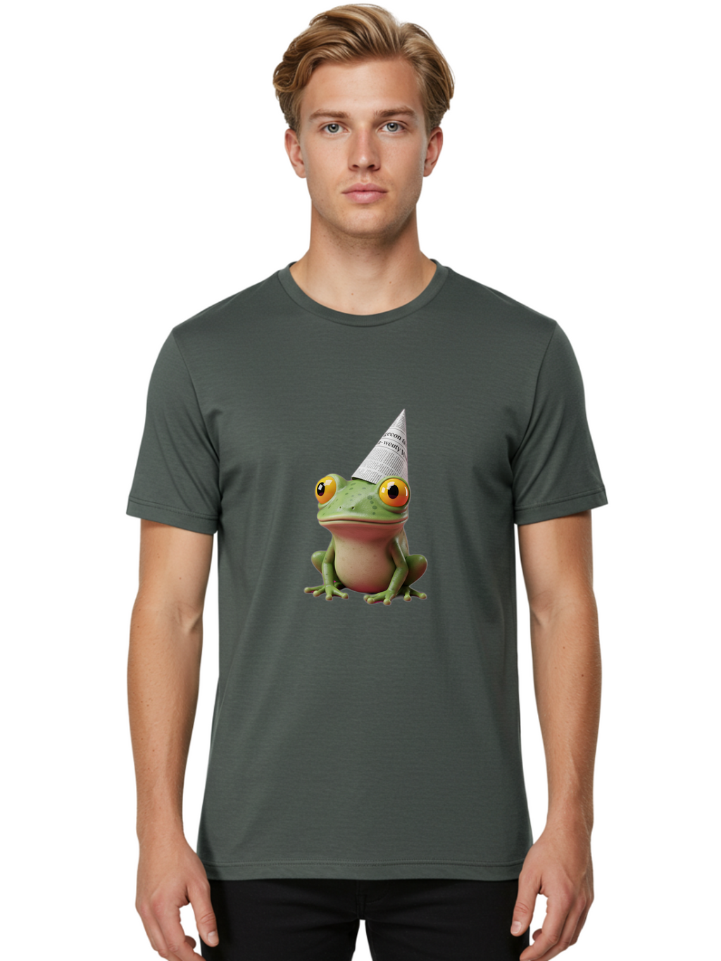 Frog-With-Party-Hat-1 Men'S Graphic Tee, 100% Cotton, Comfortable Casual Summer Wear, Machine Washable, Funny Frog, Party Hat, Festive Atmosphere, Cute Animal, Playful Vibe, Quirky Illustration, Humorous Character, Cartoon Style Bab929