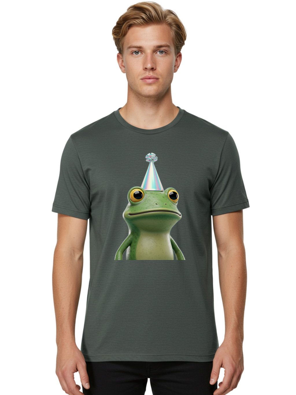 Frog-With-Party-Hat-2 Men'S Graphic Tee, 100% Cotton, Comfortable Casual Summer Wear, Machine Washable, 3D Cartoon Frog, Party Hat, Celebration, Festive Atmosphere, Funny Animal, Party Accessories, Shiny Hat, Comical Expression, Bab930