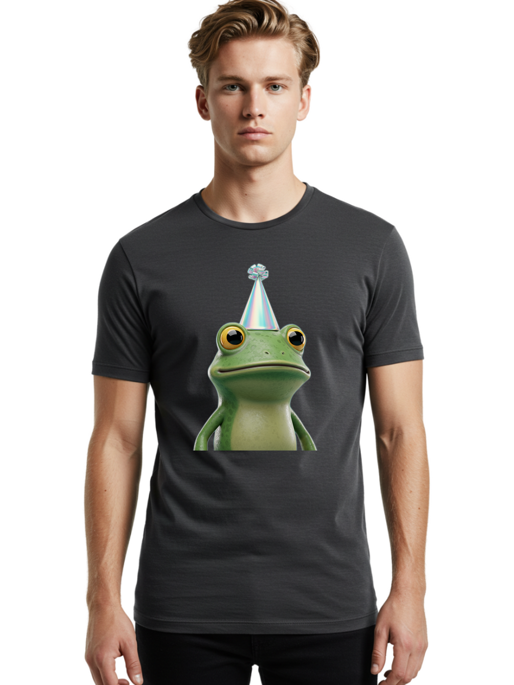 Frog-With-Party-Hat-2 Men'S Graphic Tee, 100% Cotton, Comfortable Casual Summer Wear, Machine Washable, 3D Cartoon Frog, Party Hat, Celebration, Festive Atmosphere, Funny Animal, Party Accessories, Shiny Hat, Comical Expression, Bab930