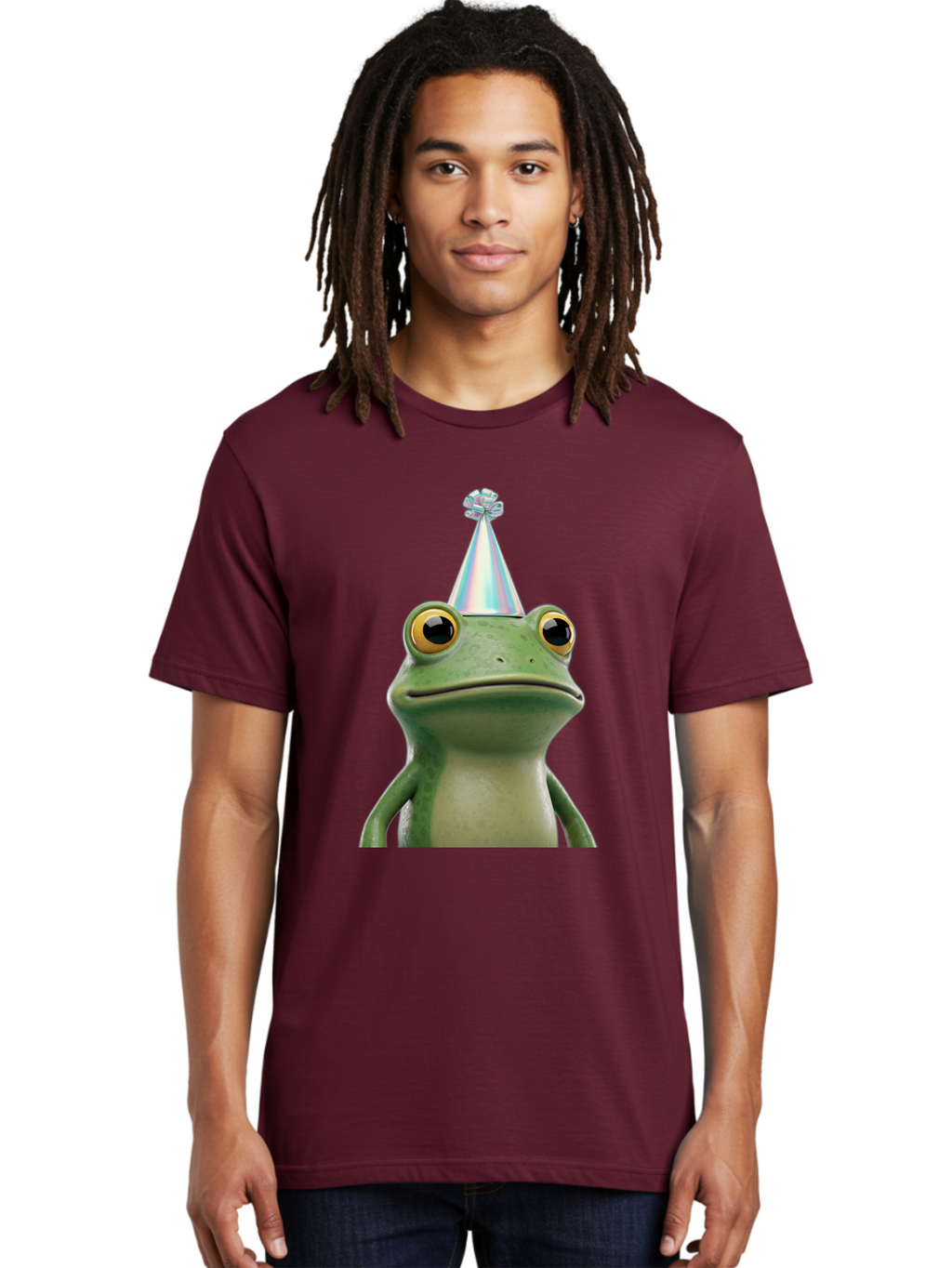 Frog-With-Party-Hat-2 Men'S Graphic Tee, 100% Cotton, Comfortable Casual Summer Wear, Machine Washable, 3D Cartoon Frog, Party Hat, Celebration, Festive Atmosphere, Funny Animal, Party Accessories, Shiny Hat, Comical Expression, Bab930