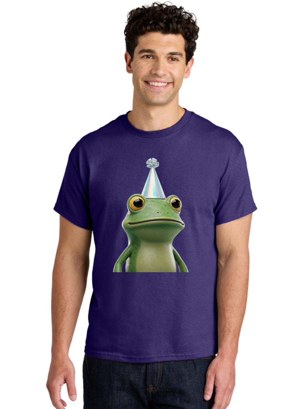 Frog-With-Party-Hat-2 Men'S Graphic Tee, 100% Cotton, Comfortable Casual Summer Wear, Machine Washable, 3D Cartoon Frog, Party Hat, Celebration, Festive Atmosphere, Funny Animal, Party Accessories, Shiny Hat, Comical Expression, Bab930