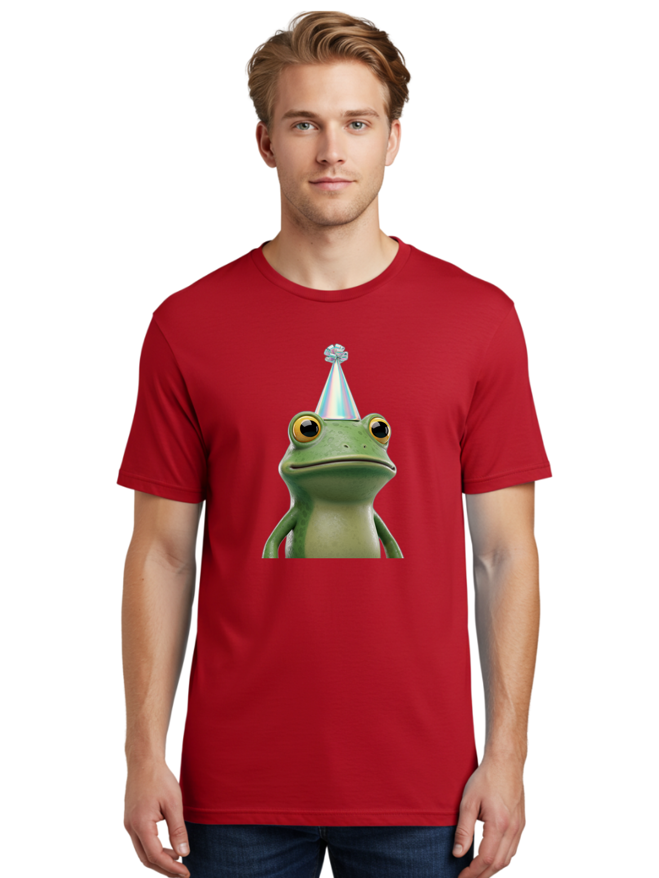 Frog-With-Party-Hat-2 Men'S Graphic Tee, 100% Cotton, Comfortable Casual Summer Wear, Machine Washable, 3D Cartoon Frog, Party Hat, Celebration, Festive Atmosphere, Funny Animal, Party Accessories, Shiny Hat, Comical Expression, Bab930