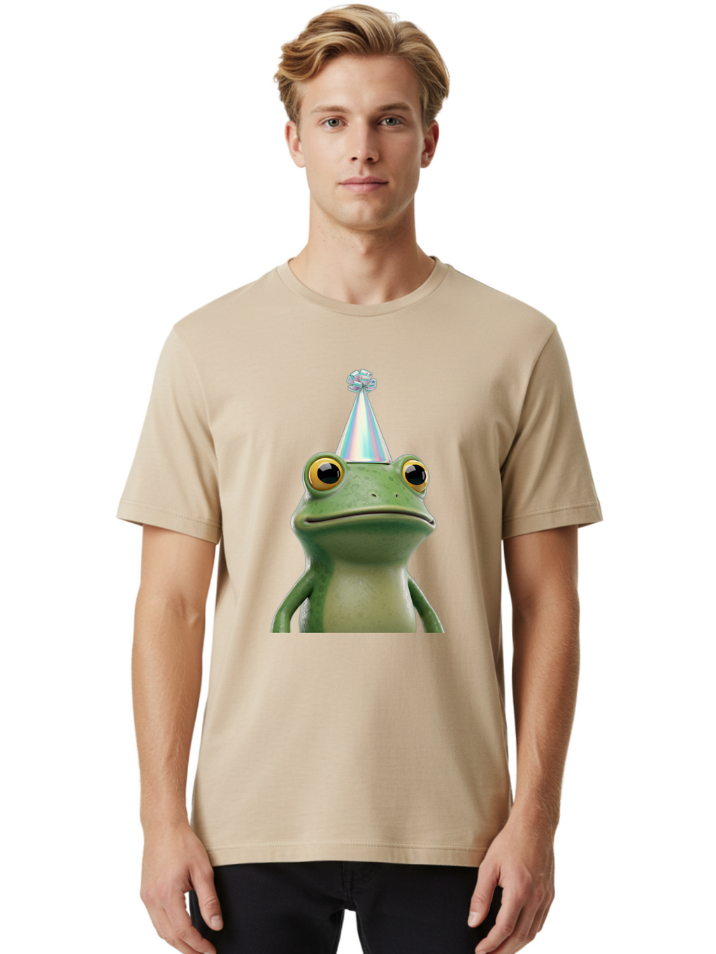 Frog-With-Party-Hat-2 Men'S Graphic Tee, 100% Cotton, Comfortable Casual Summer Wear, Machine Washable, 3D Cartoon Frog, Party Hat, Celebration, Festive Atmosphere, Funny Animal, Party Accessories, Shiny Hat, Comical Expression, Bab930