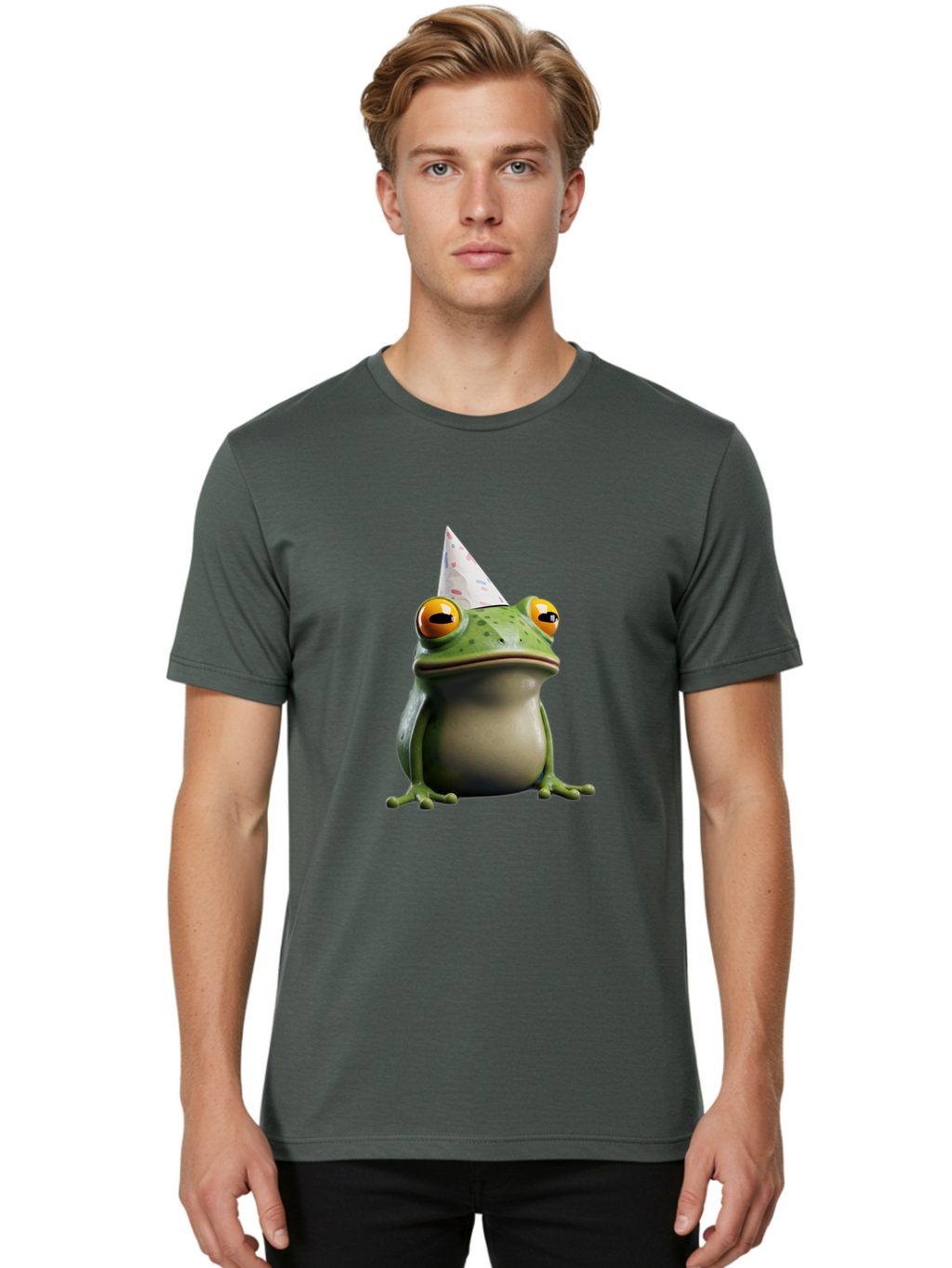 Frog-With-Party-Hat-3 Men'S Graphic Tee, 100% Cotton, Comfortable Casual Summer Wear, Machine Washable, Cartoon Frog, Party Hat, Celebration, Green Frog, Funny Animal, Festive Atmosphere, Comical Character, Joyful Scene, Cute Illustration, Bab931