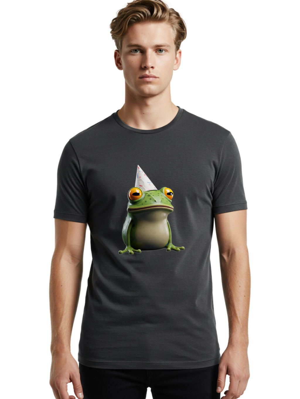 Frog-With-Party-Hat-3 Men'S Graphic Tee, 100% Cotton, Comfortable Casual Summer Wear, Machine Washable, Cartoon Frog, Party Hat, Celebration, Green Frog, Funny Animal, Festive Atmosphere, Comical Character, Joyful Scene, Cute Illustration, Bab931