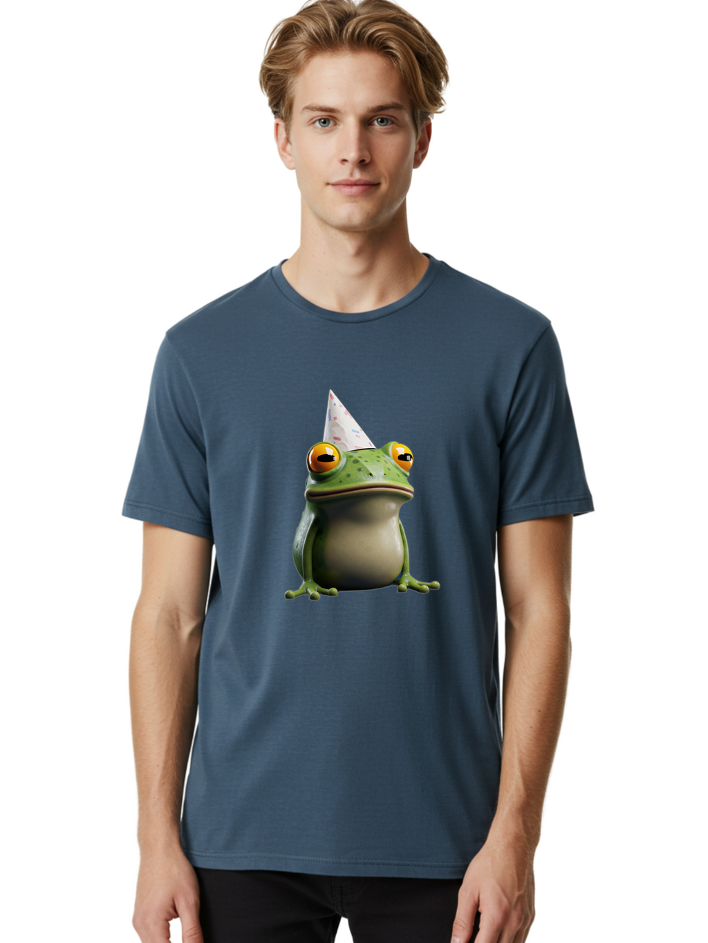 Frog-With-Party-Hat-3 Men'S Graphic Tee, 100% Cotton, Comfortable Casual Summer Wear, Machine Washable, Cartoon Frog, Party Hat, Celebration, Green Frog, Funny Animal, Festive Atmosphere, Comical Character, Joyful Scene, Cute Illustration, Bab931