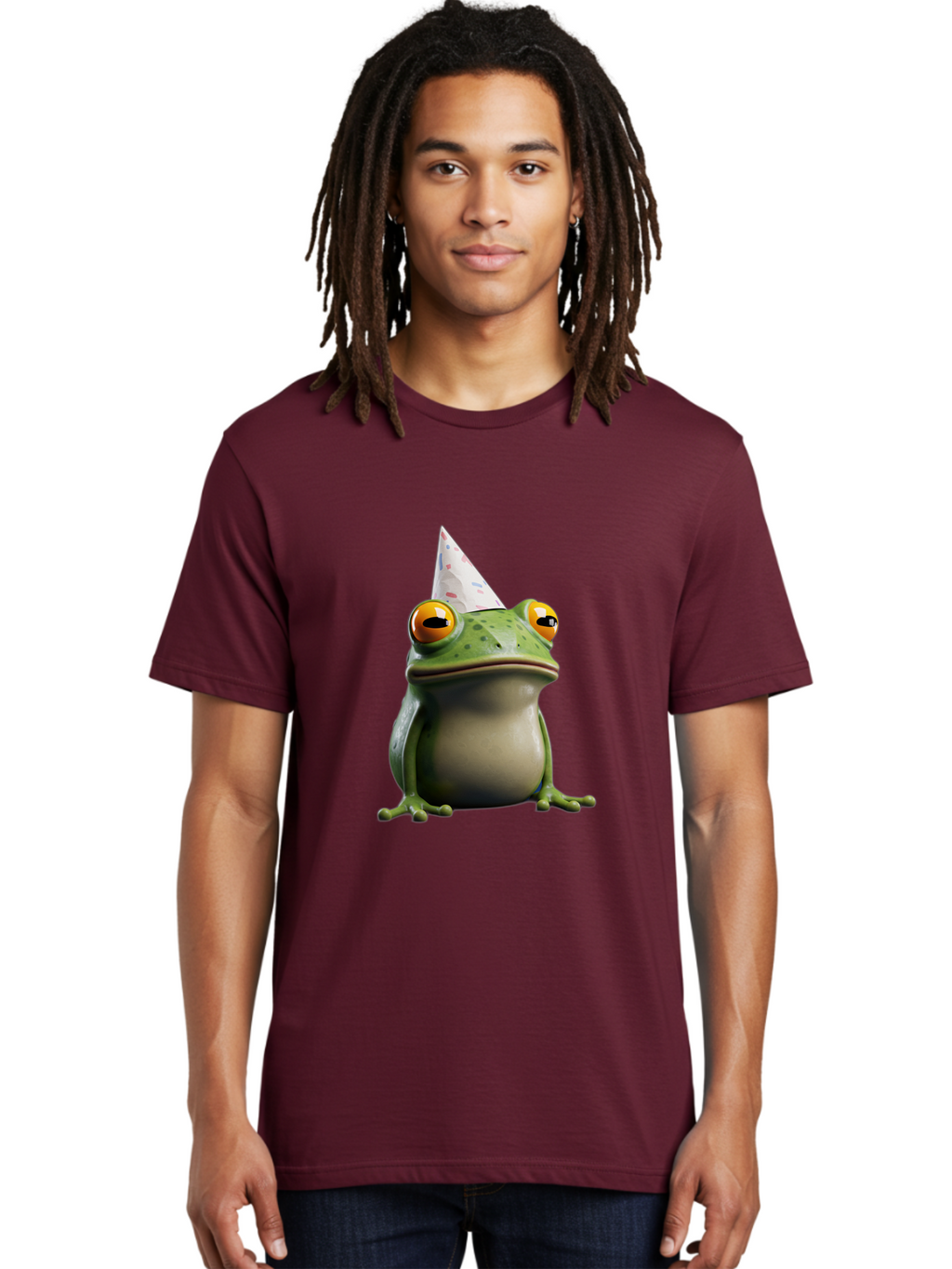 Frog-With-Party-Hat-3 Men'S Graphic Tee, 100% Cotton, Comfortable Casual Summer Wear, Machine Washable, Cartoon Frog, Party Hat, Celebration, Green Frog, Funny Animal, Festive Atmosphere, Comical Character, Joyful Scene, Cute Illustration, Bab931