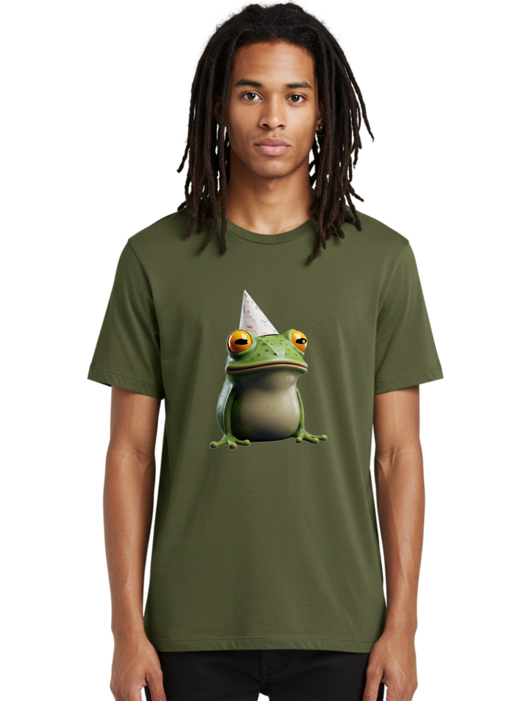 Frog-With-Party-Hat-3 Men'S Graphic Tee, 100% Cotton, Comfortable Casual Summer Wear, Machine Washable, Cartoon Frog, Party Hat, Celebration, Green Frog, Funny Animal, Festive Atmosphere, Comical Character, Joyful Scene, Cute Illustration, Bab931