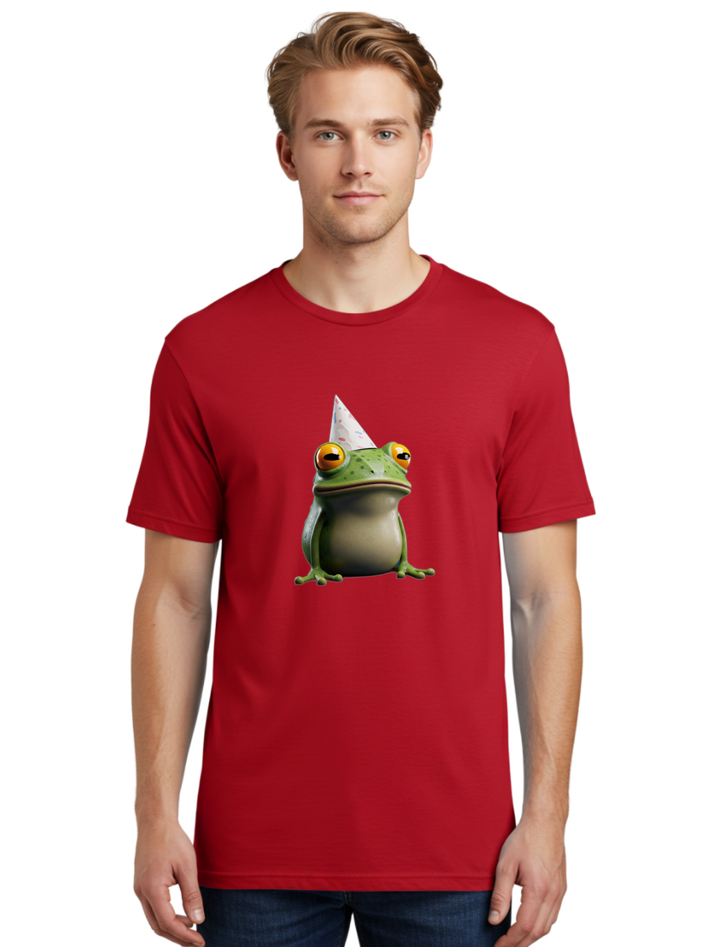 Frog-With-Party-Hat-3 Men'S Graphic Tee, 100% Cotton, Comfortable Casual Summer Wear, Machine Washable, Cartoon Frog, Party Hat, Celebration, Green Frog, Funny Animal, Festive Atmosphere, Comical Character, Joyful Scene, Cute Illustration, Bab931