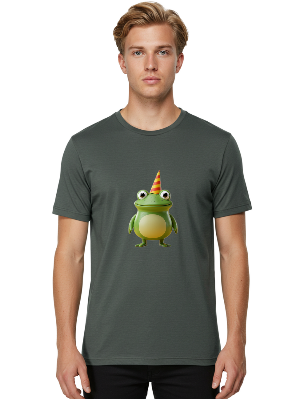 Frog-With-Party-Hat Men'S Graphic Tee, 100% Cotton, Comfortable Casual Summer Wear, Machine Washable, Cartoon Frog, Party Hat, Red And Yellow Stripes, Green Frog, Funny Character, Whimsical Design, Playful Illustration, Cute Animal, Bab932