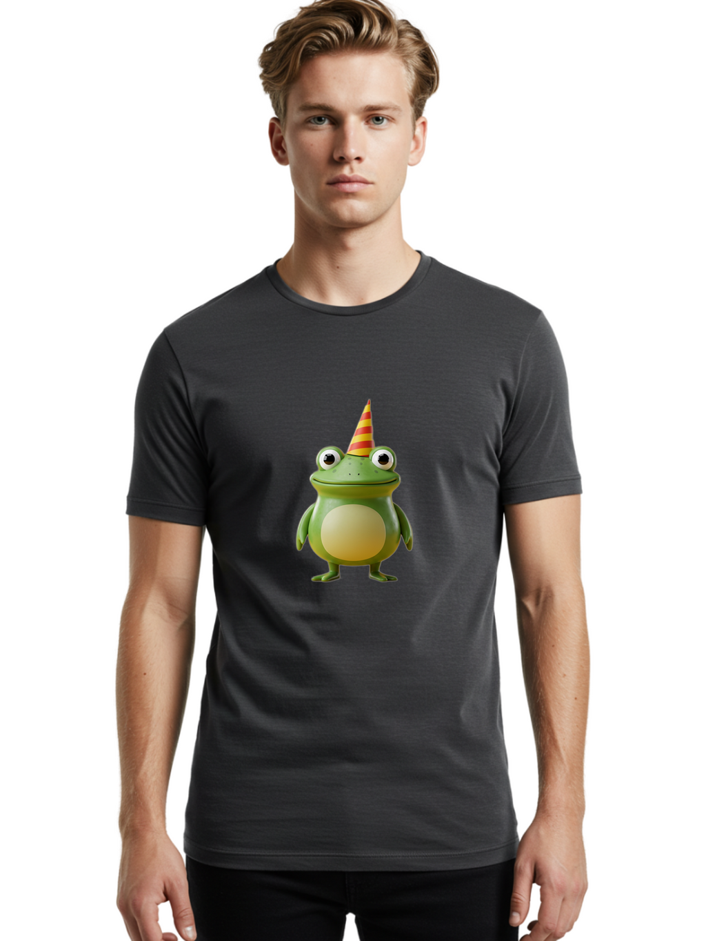 Frog-With-Party-Hat Men'S Graphic Tee, 100% Cotton, Comfortable Casual Summer Wear, Machine Washable, Cartoon Frog, Party Hat, Red And Yellow Stripes, Green Frog, Funny Character, Whimsical Design, Playful Illustration, Cute Animal, Bab932