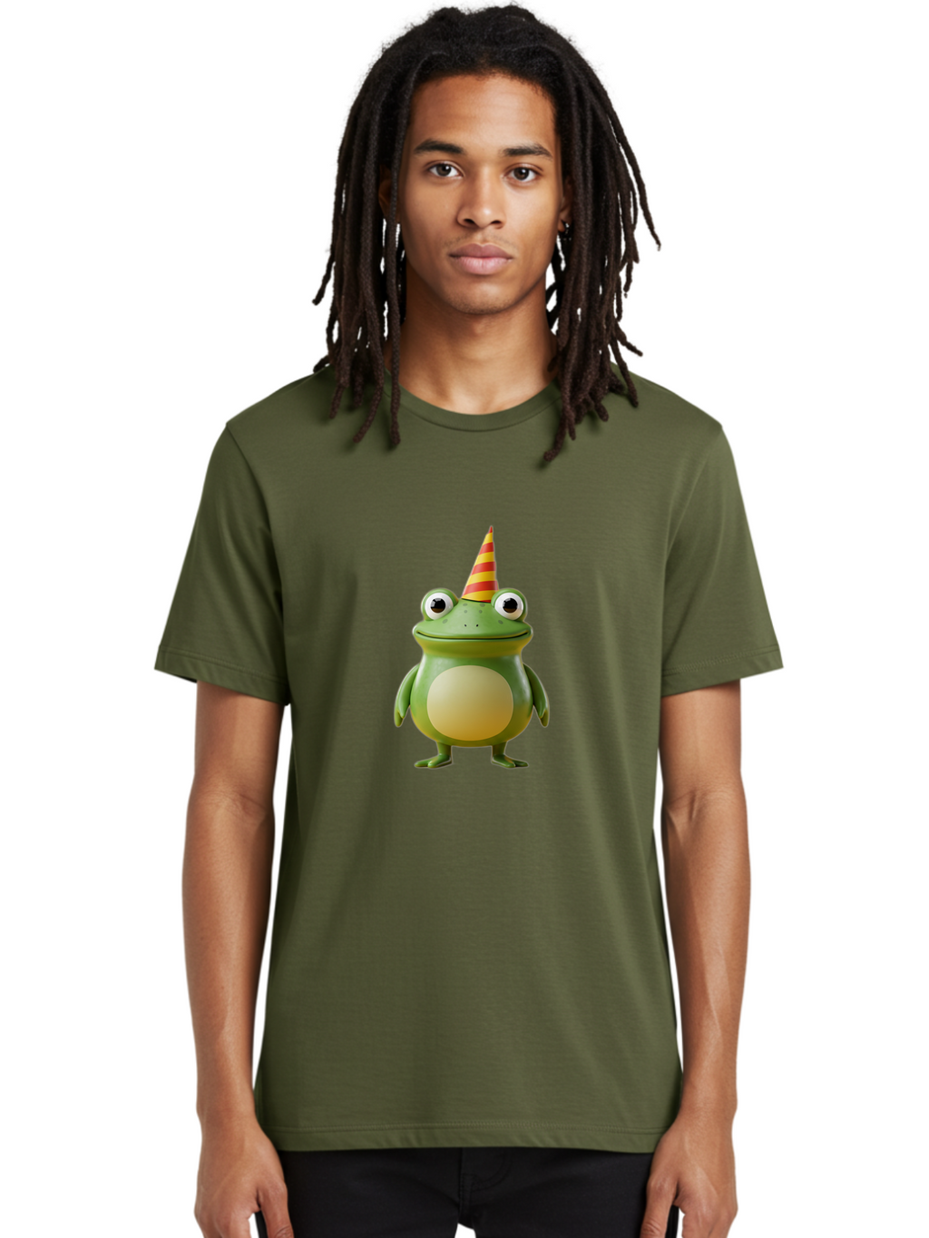 Frog-With-Party-Hat Men'S Graphic Tee, 100% Cotton, Comfortable Casual Summer Wear, Machine Washable, Cartoon Frog, Party Hat, Red And Yellow Stripes, Green Frog, Funny Character, Whimsical Design, Playful Illustration, Cute Animal, Bab932