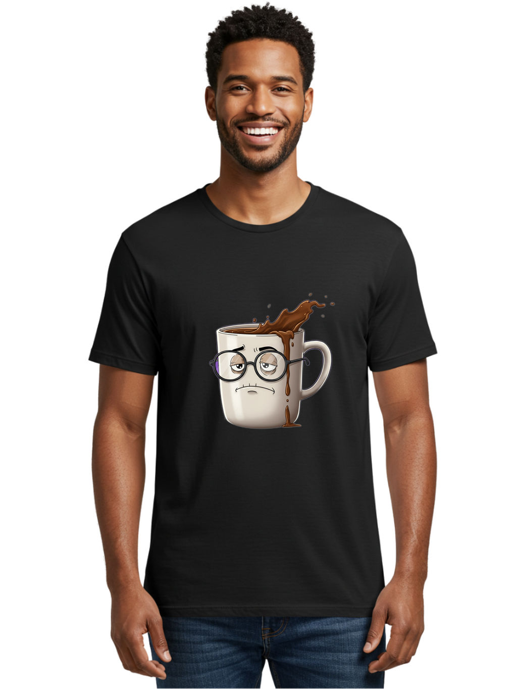 Frowning-Coffee-Mug Men'S Graphic Tee, 100% Cotton, Comfortable Casual Summer Wear, Machine Washable, Unhappy Coffee Cup, Messy Spill, Brown Liquid Splashing, Coffee Stains, Sad Face, Glasses On Mug, Comical Character, Coffee Lover Bab935