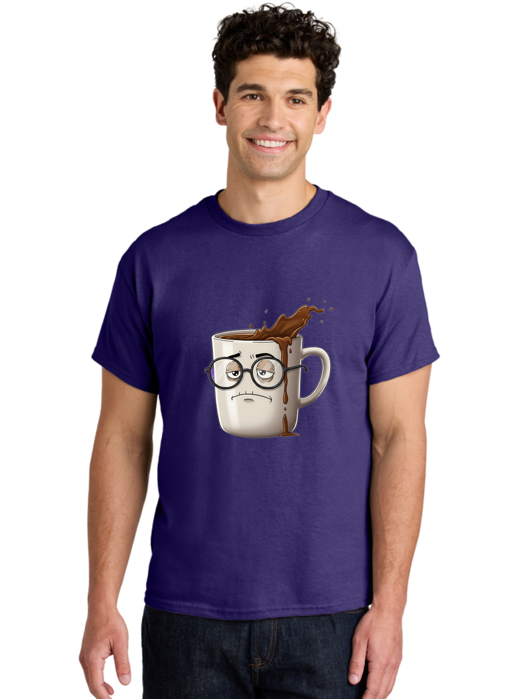 Frowning-Coffee-Mug Men'S Graphic Tee, 100% Cotton, Comfortable Casual Summer Wear, Machine Washable, Unhappy Coffee Cup, Messy Spill, Brown Liquid Splashing, Coffee Stains, Sad Face, Glasses On Mug, Comical Character, Coffee Lover Bab935