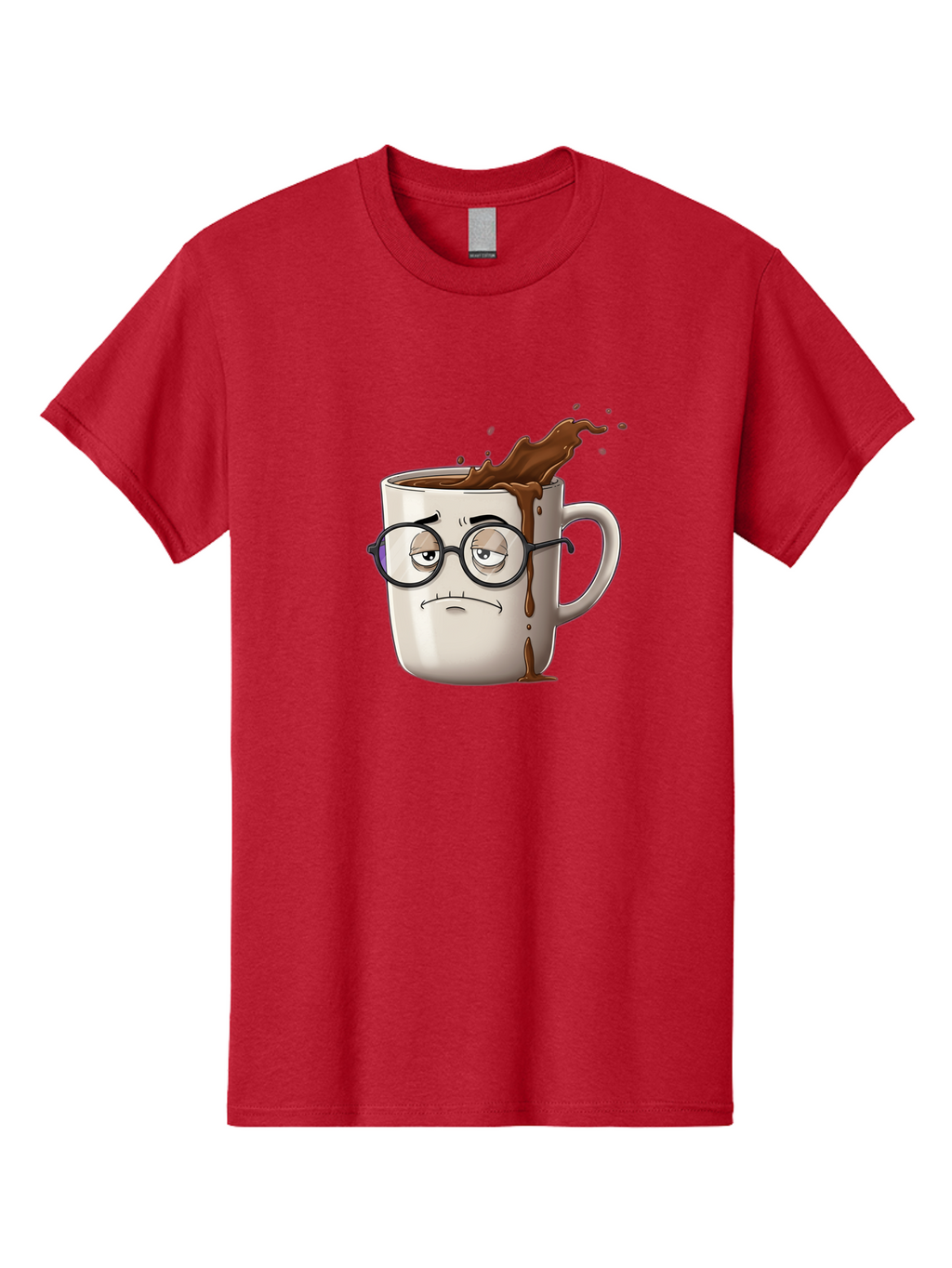 Frowning-Coffee-Mug Men'S Graphic Tee, 100% Cotton, Comfortable Casual Summer Wear, Machine Washable, Unhappy Coffee Cup, Messy Spill, Brown Liquid Splashing, Coffee Stains, Sad Face, Glasses On Mug, Comical Character, Coffee Lover Bab935