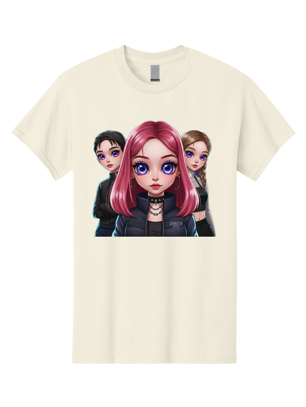 Gagwin Men'S Graphic Tee, 100% Cotton, Comfortable Casual Summer Wear, Machine Washable, Anime Style Illustration, Pink Haired Girl, Blue Eyes, Edgy Fashion, Bold Makeup, Gothic Style, Futuristic Clothing, Choker Necklace, Group Portrait, Bab936