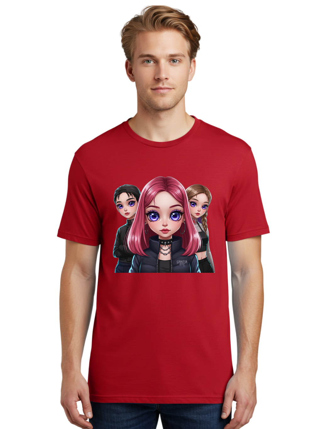Gagwin Men'S Graphic Tee, 100% Cotton, Comfortable Casual Summer Wear, Machine Washable, Anime Style Illustration, Pink Haired Girl, Blue Eyes, Edgy Fashion, Bold Makeup, Gothic Style, Futuristic Clothing, Choker Necklace, Group Portrait, Bab936