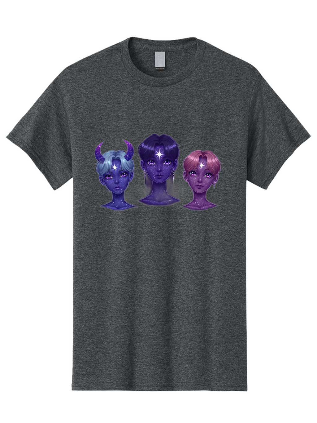 Galactic-K-Pop-Idols Men'S Graphic Tee, 100% Cotton, Comfortable Casual Summer Wear, Machine Washable, K-Pop Idols, Purple Skin Tone, Starry Faces, Horns On Head, Cartoon Style, Galaxy Inspired, Vibrant Hairstyles, Bold Earrings, Bab937
