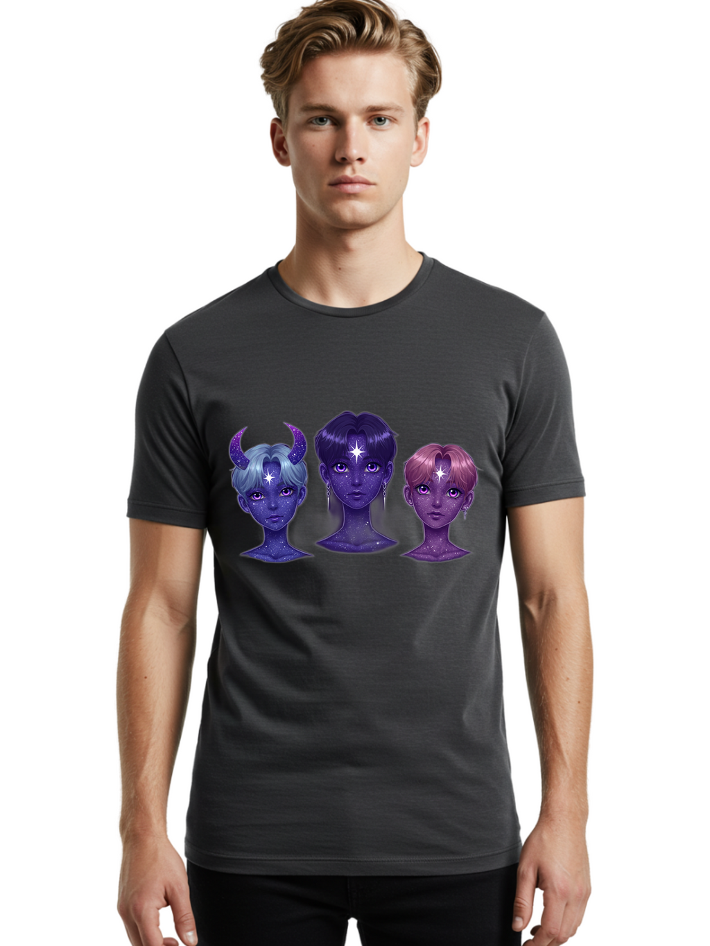 Galactic-K-Pop-Idols Men'S Graphic Tee, 100% Cotton, Comfortable Casual Summer Wear, Machine Washable, K-Pop Idols, Purple Skin Tone, Starry Faces, Horns On Head, Cartoon Style, Galaxy Inspired, Vibrant Hairstyles, Bold Earrings, Bab937