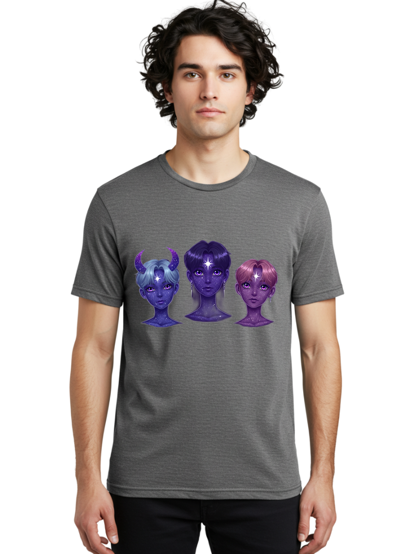 Galactic-K-Pop-Idols Men'S Graphic Tee, 100% Cotton, Comfortable Casual Summer Wear, Machine Washable, K-Pop Idols, Purple Skin Tone, Starry Faces, Horns On Head, Cartoon Style, Galaxy Inspired, Vibrant Hairstyles, Bold Earrings, Bab937