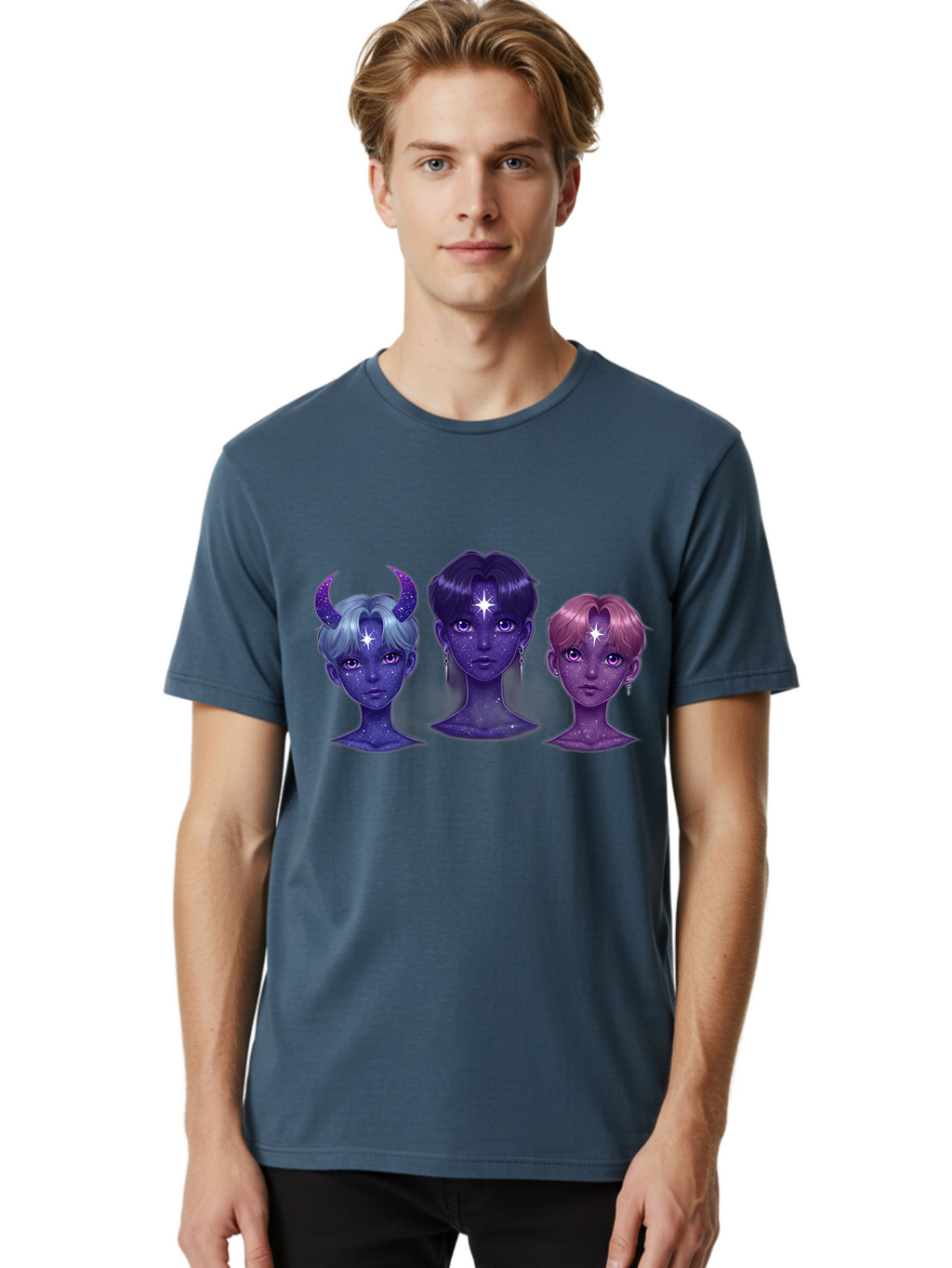 Galactic-K-Pop-Idols Men'S Graphic Tee, 100% Cotton, Comfortable Casual Summer Wear, Machine Washable, K-Pop Idols, Purple Skin Tone, Starry Faces, Horns On Head, Cartoon Style, Galaxy Inspired, Vibrant Hairstyles, Bold Earrings, Bab937