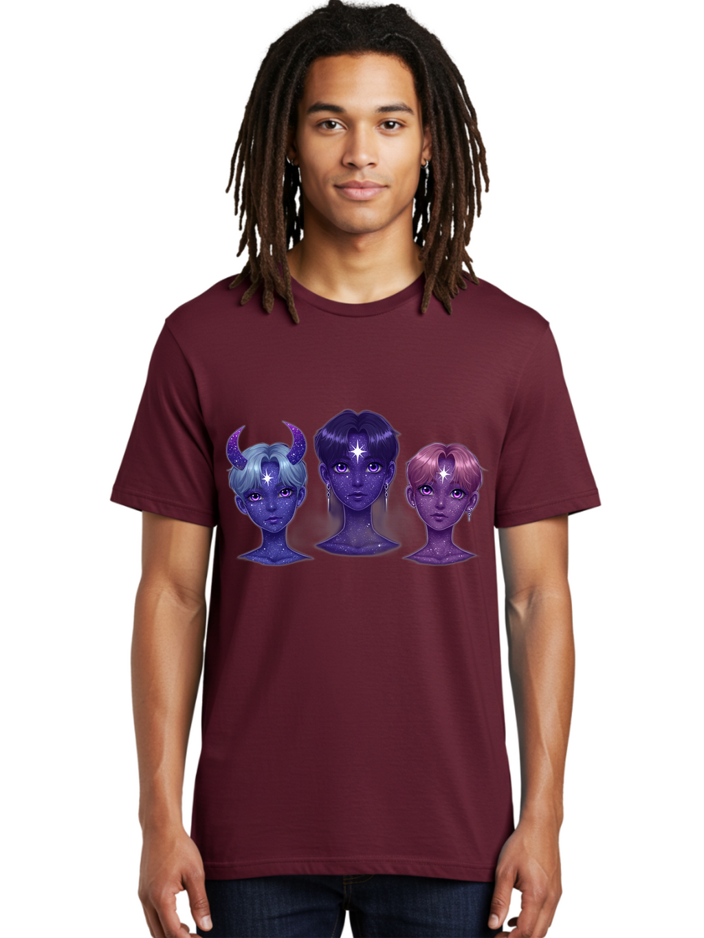 Galactic-K-Pop-Idols Men'S Graphic Tee, 100% Cotton, Comfortable Casual Summer Wear, Machine Washable, K-Pop Idols, Purple Skin Tone, Starry Faces, Horns On Head, Cartoon Style, Galaxy Inspired, Vibrant Hairstyles, Bold Earrings, Bab937