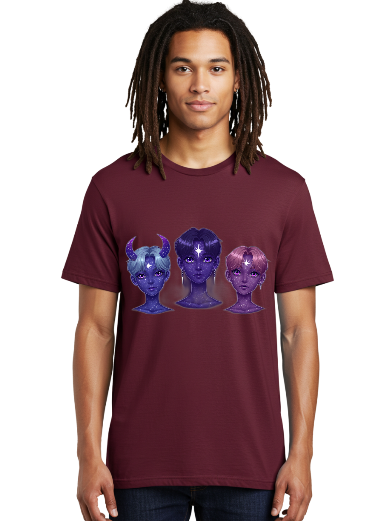 Galactic-K-Pop-Idols Men'S Graphic Tee, 100% Cotton, Comfortable Casual Summer Wear, Machine Washable, K-Pop Idols, Purple Skin Tone, Starry Faces, Horns On Head, Cartoon Style, Galaxy Inspired, Vibrant Hairstyles, Bold Earrings, Bab937