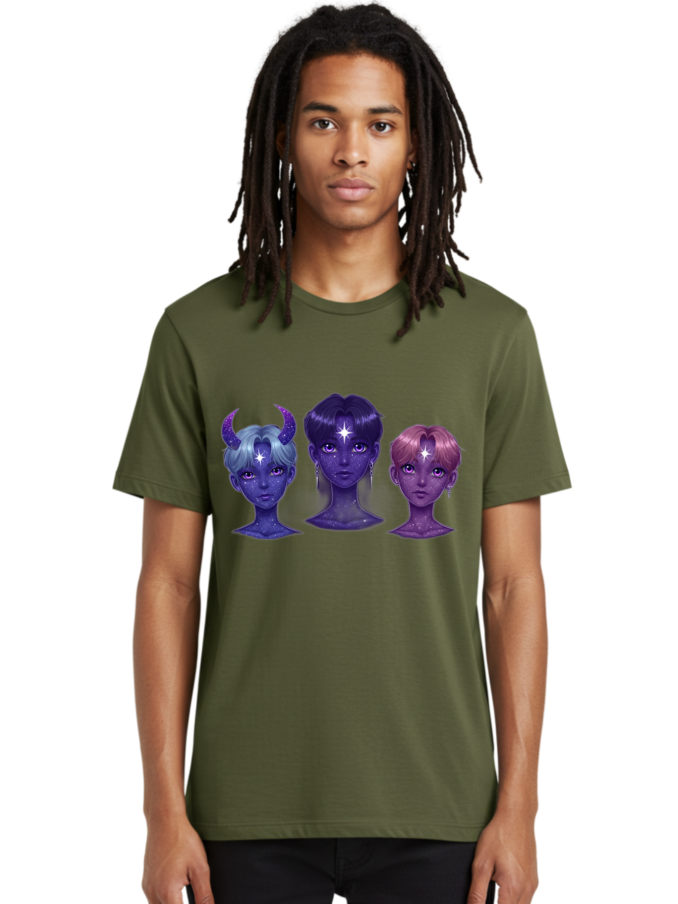 Galactic-K-Pop-Idols Men'S Graphic Tee, 100% Cotton, Comfortable Casual Summer Wear, Machine Washable, K-Pop Idols, Purple Skin Tone, Starry Faces, Horns On Head, Cartoon Style, Galaxy Inspired, Vibrant Hairstyles, Bold Earrings, Bab937