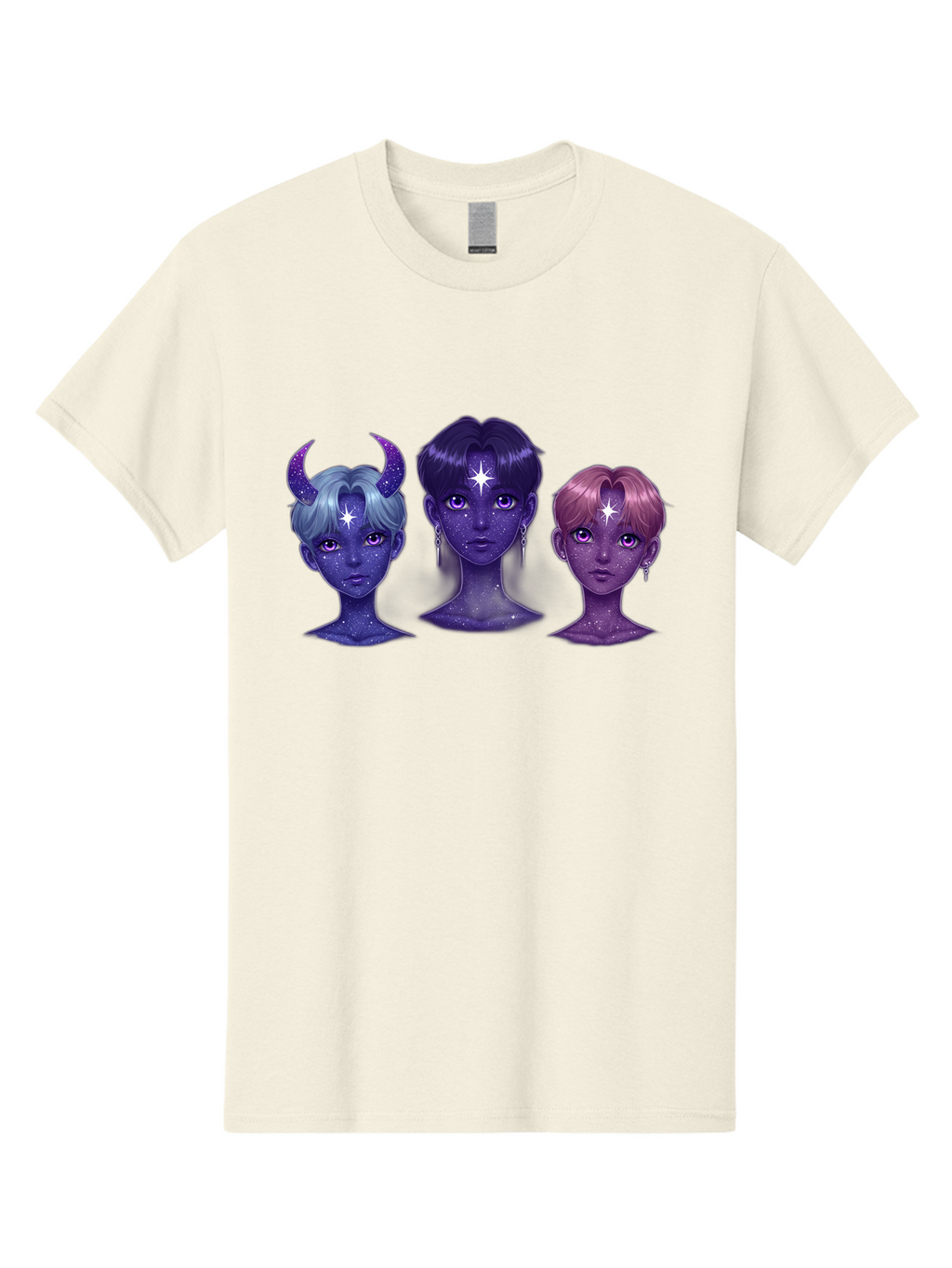 Galactic-K-Pop-Idols Men'S Graphic Tee, 100% Cotton, Comfortable Casual Summer Wear, Machine Washable, K-Pop Idols, Purple Skin Tone, Starry Faces, Horns On Head, Cartoon Style, Galaxy Inspired, Vibrant Hairstyles, Bold Earrings, Bab937