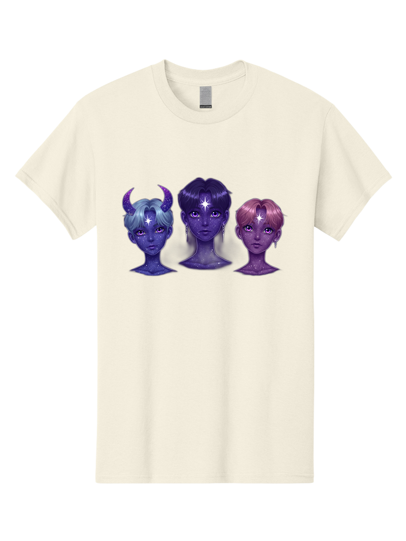 Galactic-K-Pop-Idols Men'S Graphic Tee, 100% Cotton, Comfortable Casual Summer Wear, Machine Washable, K-Pop Idols, Purple Skin Tone, Starry Faces, Horns On Head, Cartoon Style, Galaxy Inspired, Vibrant Hairstyles, Bold Earrings, Bab937