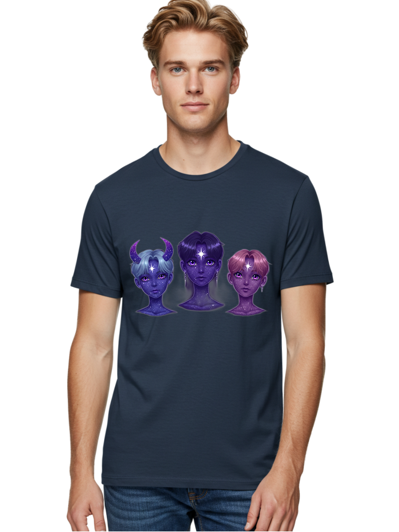 Galactic-K-Pop-Idols Men'S Graphic Tee, 100% Cotton, Comfortable Casual Summer Wear, Machine Washable, K-Pop Idols, Purple Skin Tone, Starry Faces, Horns On Head, Cartoon Style, Galaxy Inspired, Vibrant Hairstyles, Bold Earrings, Bab937
