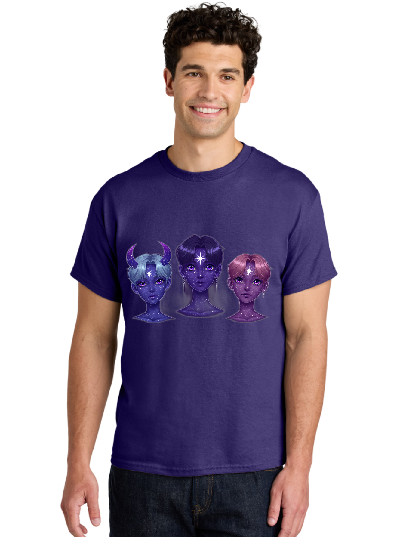 Galactic-K-Pop-Idols Men'S Graphic Tee, 100% Cotton, Comfortable Casual Summer Wear, Machine Washable, K-Pop Idols, Purple Skin Tone, Starry Faces, Horns On Head, Cartoon Style, Galaxy Inspired, Vibrant Hairstyles, Bold Earrings, Bab937