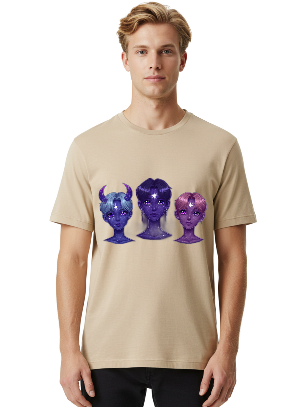 Galactic-K-Pop-Idols Men'S Graphic Tee, 100% Cotton, Comfortable Casual Summer Wear, Machine Washable, K-Pop Idols, Purple Skin Tone, Starry Faces, Horns On Head, Cartoon Style, Galaxy Inspired, Vibrant Hairstyles, Bold Earrings, Bab937