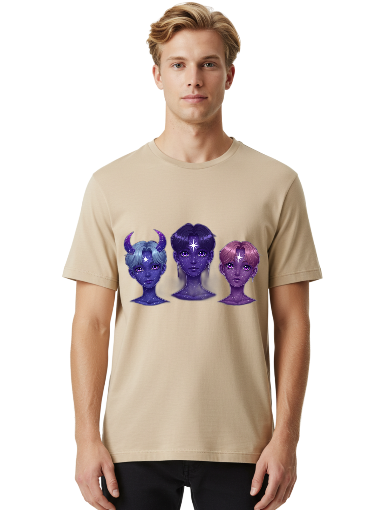 Galactic-K-Pop-Idols Men'S Graphic Tee, 100% Cotton, Comfortable Casual Summer Wear, Machine Washable, K-Pop Idols, Purple Skin Tone, Starry Faces, Horns On Head, Cartoon Style, Galaxy Inspired, Vibrant Hairstyles, Bold Earrings, Bab937