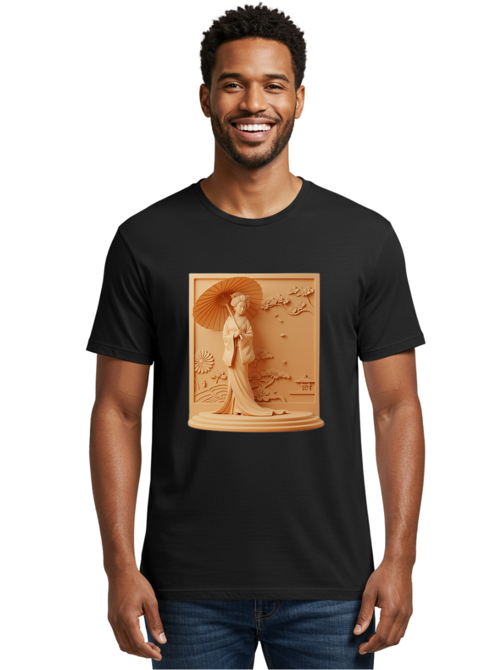 Geisha Men'S Graphic Tee, 100% Cotton, Comfortable Casual Summer Wear, Machine Washable, Geisha, Traditional Japanese Woman, Parasol, Kimono, Serene Atmosphere, Cultural Heritage, Elegant, Figurine, Decorative Art, Intricate Design, Bab938