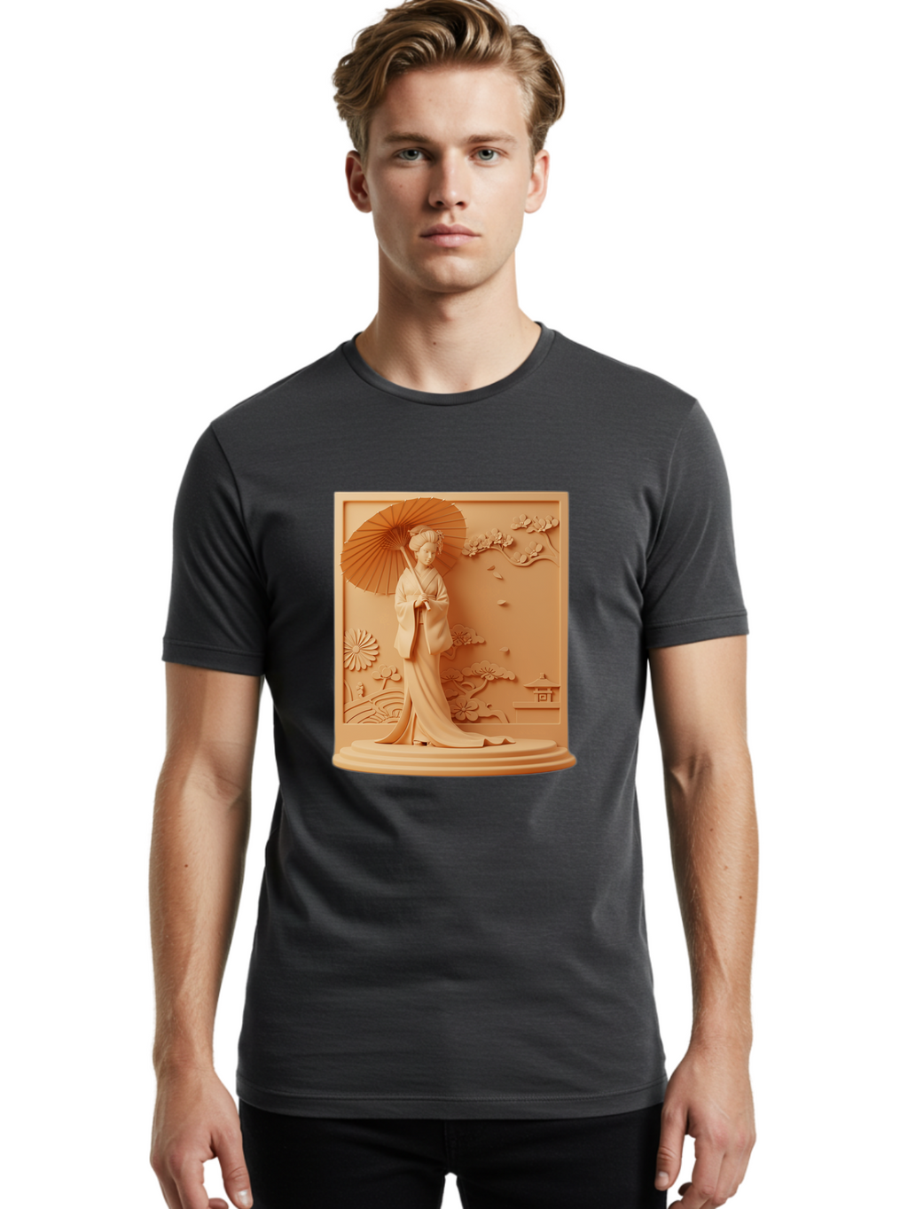 Geisha Men'S Graphic Tee, 100% Cotton, Comfortable Casual Summer Wear, Machine Washable, Geisha, Traditional Japanese Woman, Parasol, Kimono, Serene Atmosphere, Cultural Heritage, Elegant, Figurine, Decorative Art, Intricate Design, Bab938