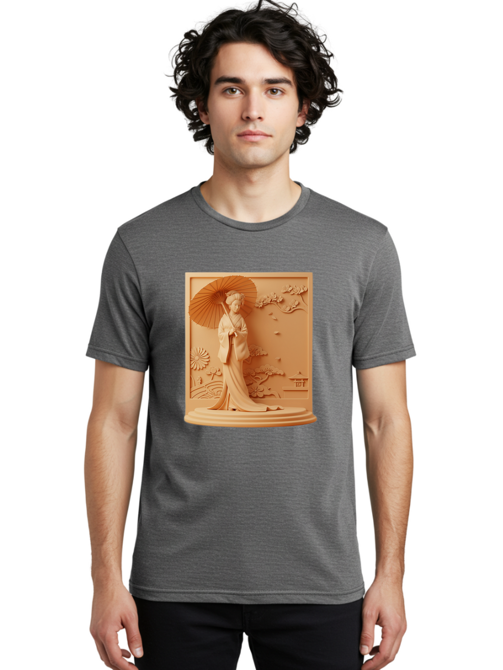 Geisha Men'S Graphic Tee, 100% Cotton, Comfortable Casual Summer Wear, Machine Washable, Geisha, Traditional Japanese Woman, Parasol, Kimono, Serene Atmosphere, Cultural Heritage, Elegant, Figurine, Decorative Art, Intricate Design, Bab938