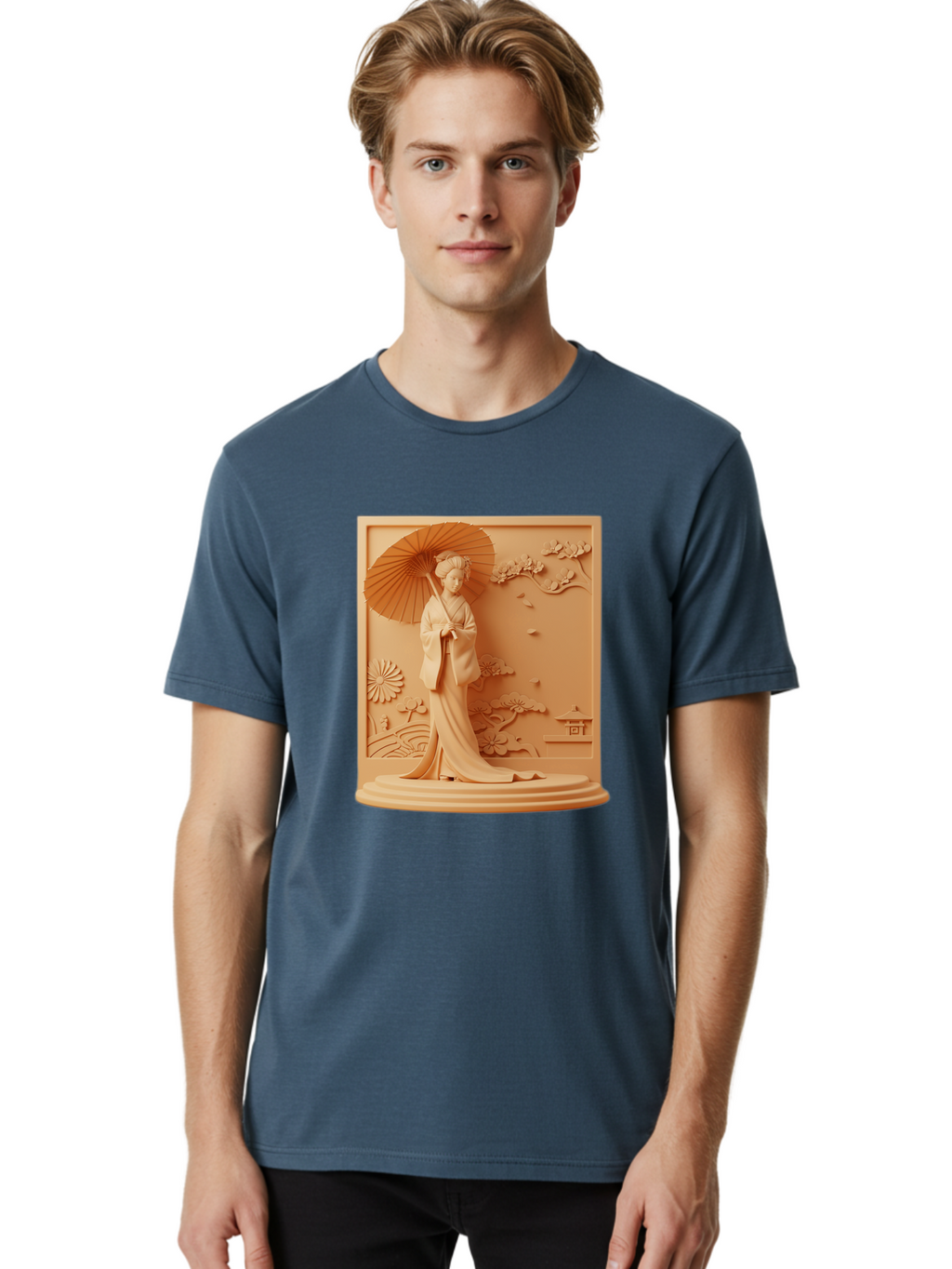Geisha Men'S Graphic Tee, 100% Cotton, Comfortable Casual Summer Wear, Machine Washable, Geisha, Traditional Japanese Woman, Parasol, Kimono, Serene Atmosphere, Cultural Heritage, Elegant, Figurine, Decorative Art, Intricate Design, Bab938