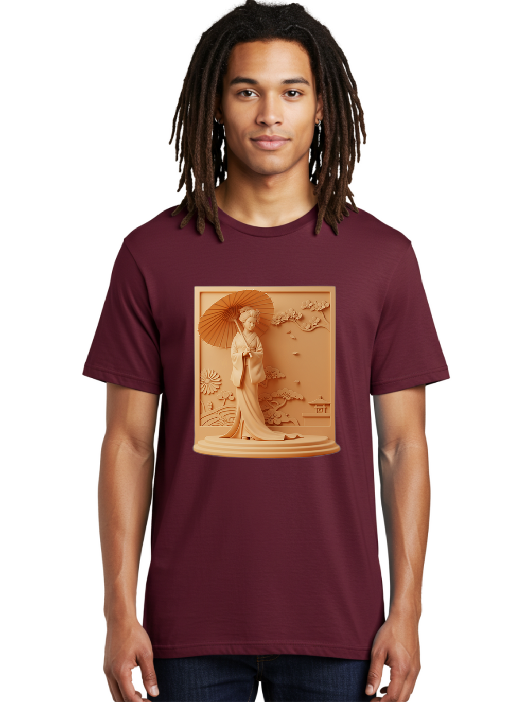 Geisha Men'S Graphic Tee, 100% Cotton, Comfortable Casual Summer Wear, Machine Washable, Geisha, Traditional Japanese Woman, Parasol, Kimono, Serene Atmosphere, Cultural Heritage, Elegant, Figurine, Decorative Art, Intricate Design, Bab938